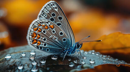 Macro photograph featuring a vibrant butterfly with intricate orange and black wings resting on a dew-covered leaf, set against a softly blurred autumn background
