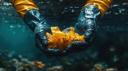 Gloved hands retrieving a yellow plastic bag from polluted waters, emphasizing the urgent need for cleanup efforts and raising awareness about environmental degradation
