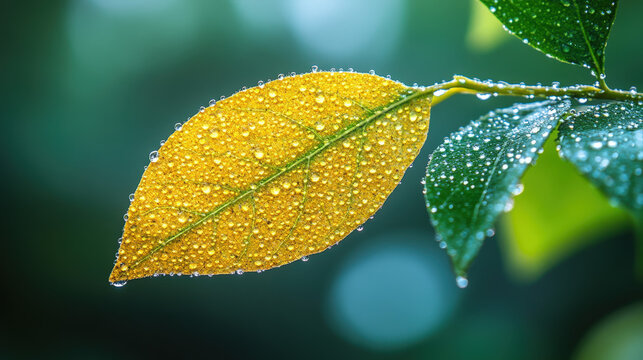 Macro close-up of a yellow leaf covered in tiny dew drops on a branch with green leaves in the background, creating a beautiful natural scene with a blurred bokeh effect