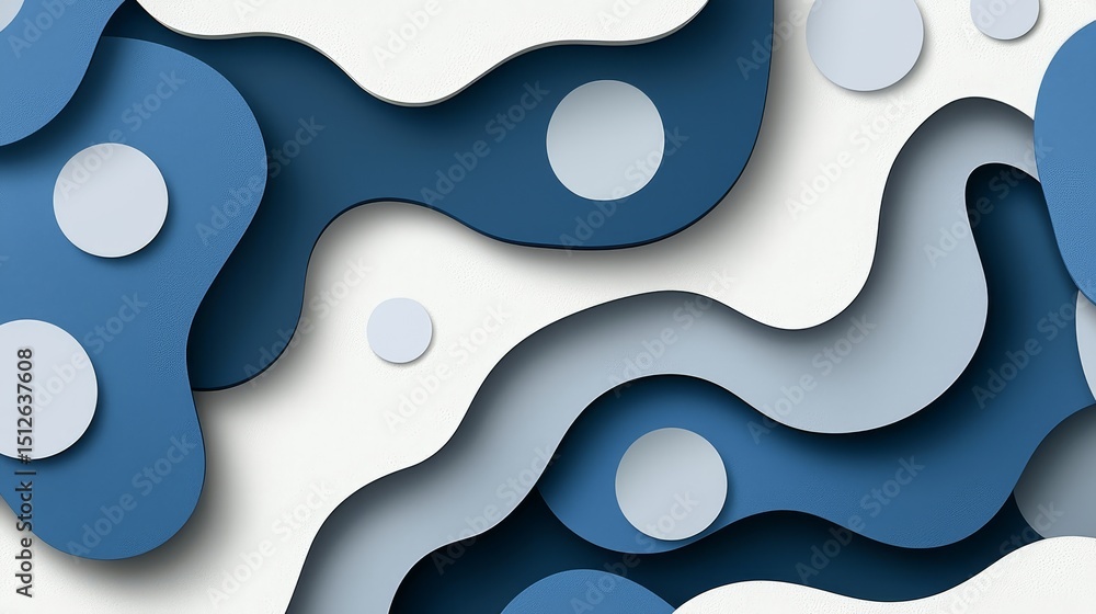 Poster Blue and white abstract design with circles and waves. The blue and white colors create a sense of calmness and serenity. The circles and waves add a sense of movement and fluidity to the design