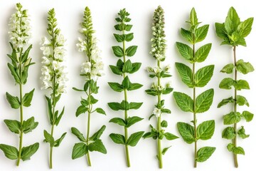 Assorted plant stems, flowers, and leaves in a row