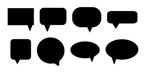 Set of eight black speech bubble icons in various shapes including square, rounded rectangle, circle, and oval. Communication and dialogue concept. Vector illustration