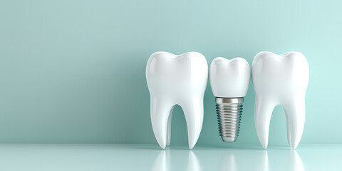 Two healthy teeth and a dental implant are standing on a light green surface with a matching background, symbolizing oral health and dental restoration solutions
