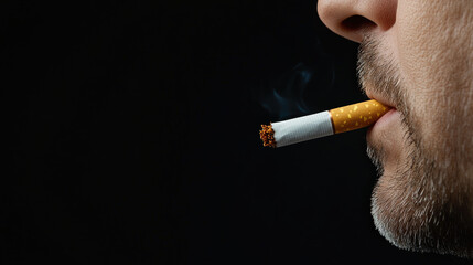 Close-up of a man smoking a cigarette, highlighting the dangers of tobacco addiction and its impact on respiratory health, emphasizing the need for smoking cessation and awareness campaigns