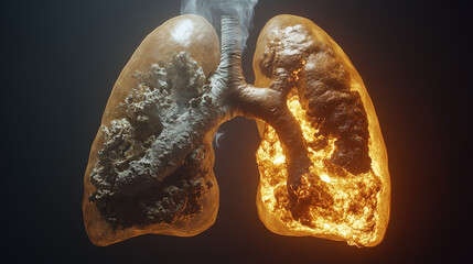 Smoke is coming out from a pair of damaged human lungs, creating a realistic 3d illustration of the effects of smoking on respiratory health