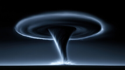 Powerful tornado forming over a rural landscape at night, unleashing swirling winds and dark clouds, creating a dramatic scene filled with destruction and the raw force of nature