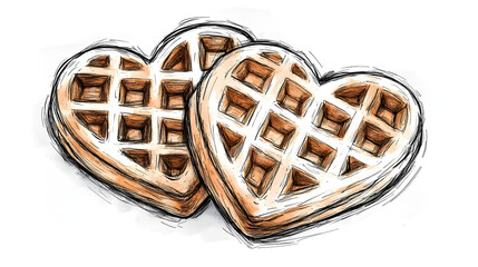 Black and white illustration of two heart-shaped waffles stacked together, drawn in a sketch style. Ideal for breakfast menu, bakery branding, Valentine s Day or International Waffle Day celebrations