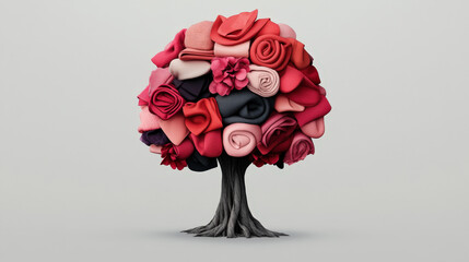 Surreal tree is growing from a pile of discarded clothes of various colors, symbolizing recycling and environmental awareness in a minimalist setting with a neutral background