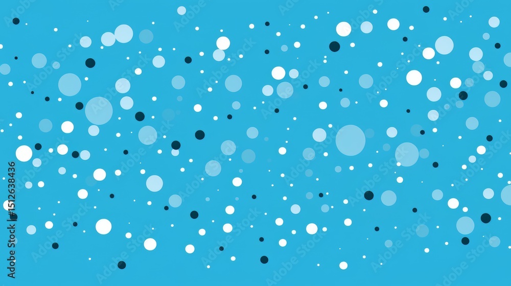 Poster blue background with white and black dots. the dots are scattered all over the background
