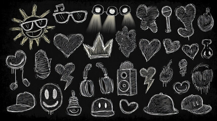Collection of hand-drawn doodles featuring hearts, music, and playful designs on a dark background