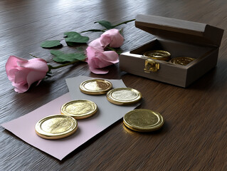 Elegant arrangement of gold coins and roses on wooden background with decorative box in a soft, inviting setting