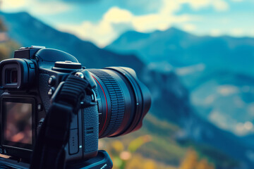 Camera against the backdrop of a beautiful landscape