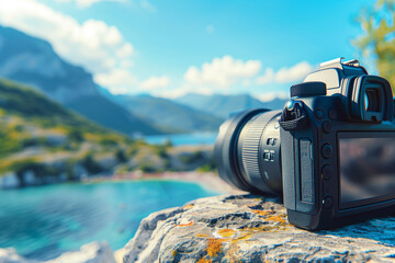 Camera against the backdrop of a beautiful landscape