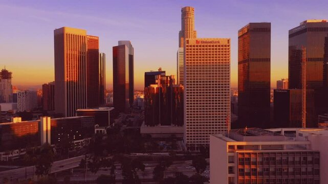 4K drone Video of downtown Los Angeles during sunset as a stablishing shot 4K