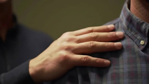 A comforting hand softly rests on a shoulder, conveying empathy and offering gentle support: A visual representation of solace and reassurance.