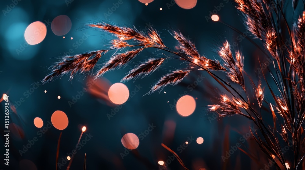 Poster blurry image of a plant with a bunch of small lights around it. the image has a dreamy, ethereal qua