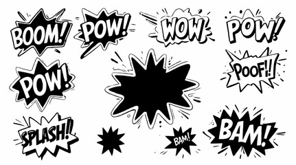 Doodle style boom explosion set cartoon icon with pop art elements vector illustration