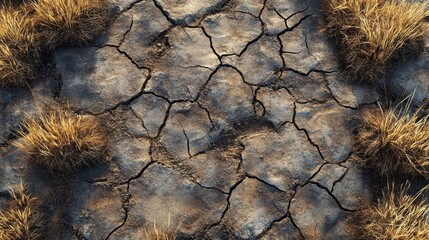 A close-up view of parched, fissured ground, with distinct lines and deep crevices, amidst sparse patches of withered grass in the scorching sun.