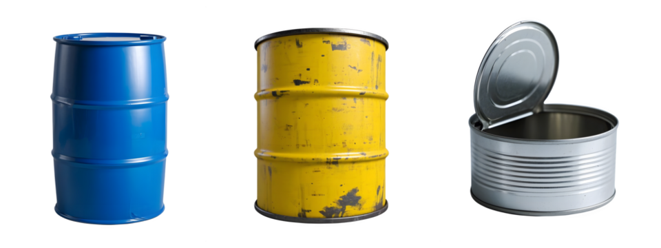 Three metal barrels and can isolated on transparent background - Powered by Adobe