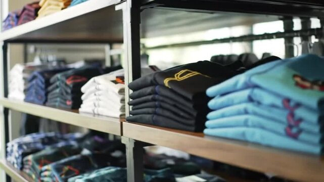 A view of neatly stacked shirts on shelves in a retail store with natural light coming through window