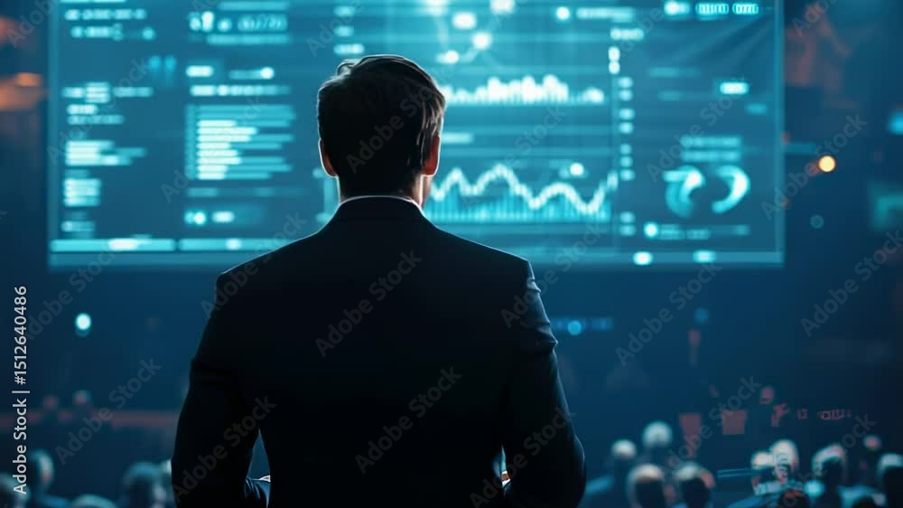 Poster man in suit presents data on screen to audience, futuristic tech style