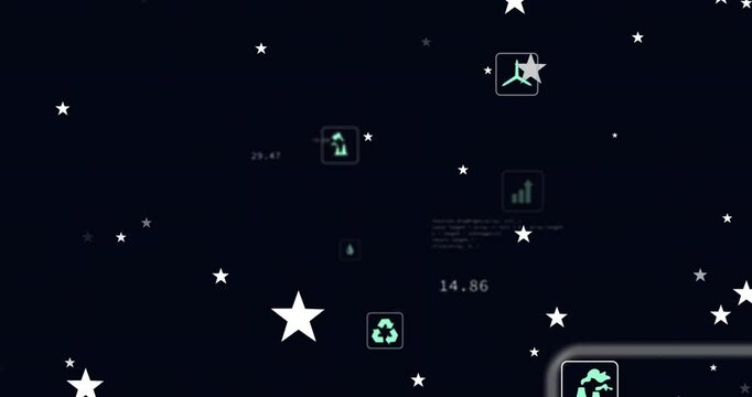 Opening starfield sending data icons floating from edges, clustering, animating eco metrics