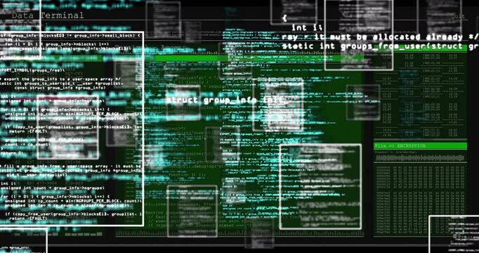 On opening interface, white windows drifting outward revealing green terminal scrolling code flow