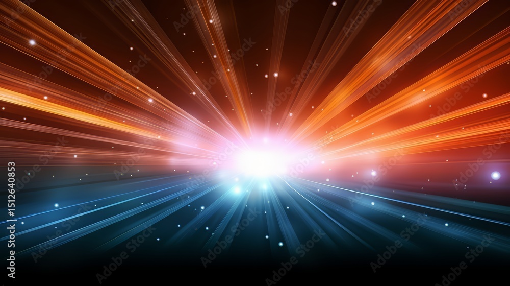 Poster bright light is shining through a dark sky. the light is orange and blue, and it is surrounded by a 