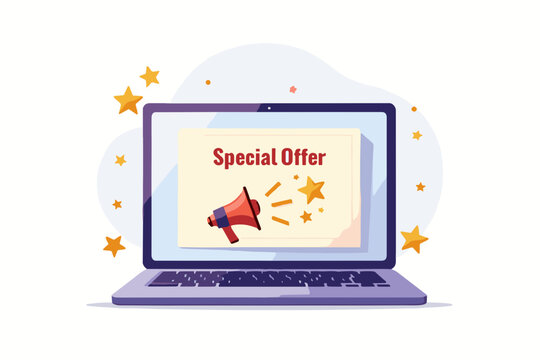 Laptop displaying special offer with megaphone and stars on bright background