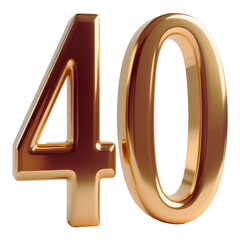 Golden number forty isolated on transparent background, a shiny metallic numeral for anniversaries, birthdays, and celebrations
