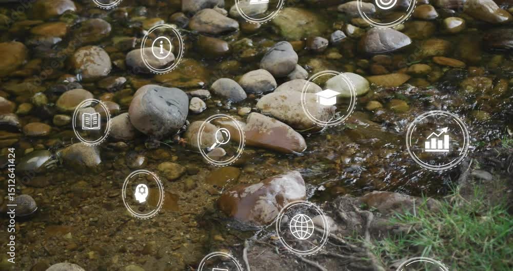 Poster upon first icon appearing, holographic icons visualizing data by rotating,pulsing over creek stones