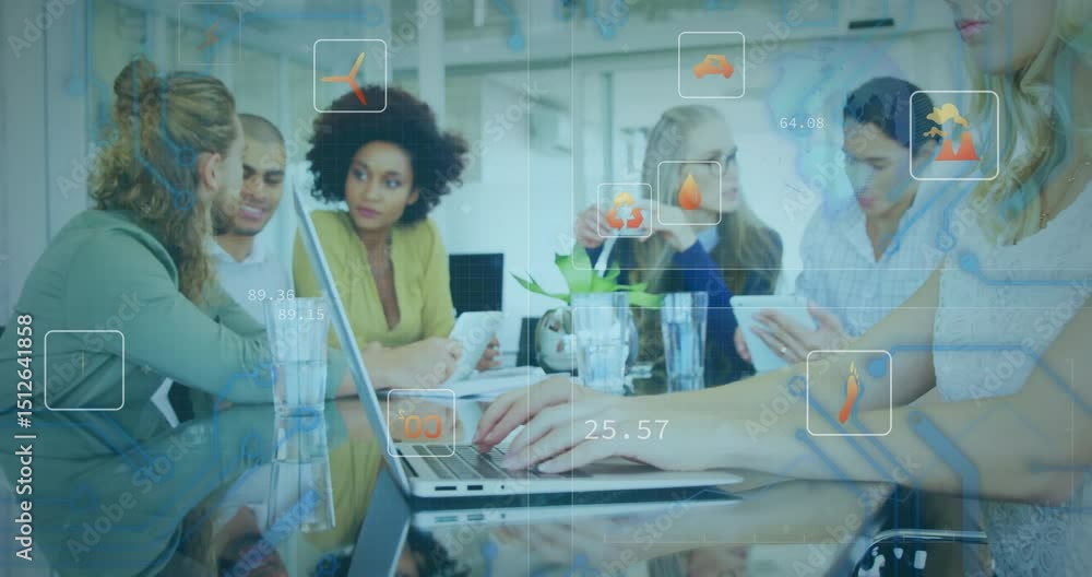 Poster when woman tapping tablet showing visuals and energy icons updating metrics for team collaboration