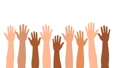 Diverse, Multi-Ethnic Human Hands Raised Up Isolated on White Background. Vector Illustration