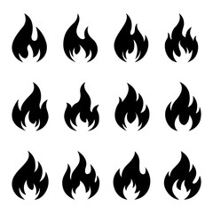 Black Fires Silhouettes, Fire Flames Icons Set, Isolated On White Background. Vector Illustration