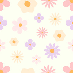 Cartoon Flowers Pattern In Pastel Colors. Vector Illustration