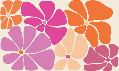 Cartoon Flowers Pattern, Pink, Violet, Orange Doodle Flowers. Vector Illustration