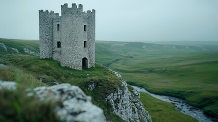 Castle is on a hill overlooking a river. The castle is old and has a stone exterior. The surrounding area is lush and green, with a river running through it. The castle appears to be abandoned