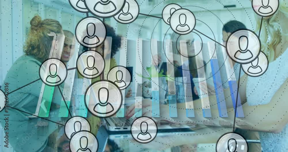 Poster business professionals tapping laptop visualising network data while overlay rising over table