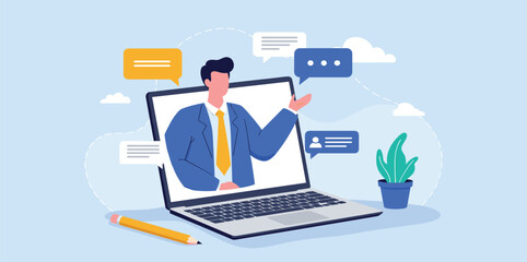 Online video interview, meeting discussion or teaching e-learning, job interview or employment, talk or chat with colleague, conference call, businessman talking on computer laptop online