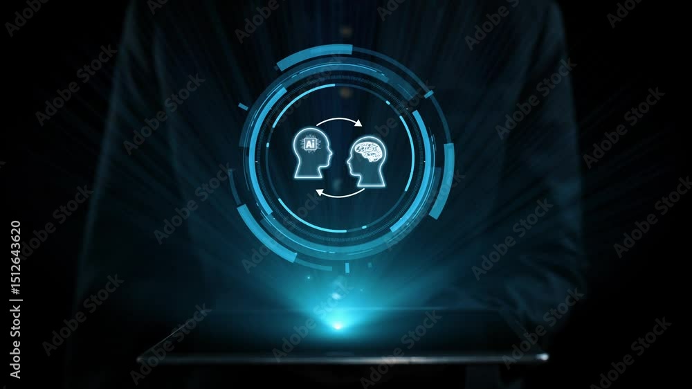 Poster human interact with ai artificial intelligence brain processor in concept of ai artificial intellige