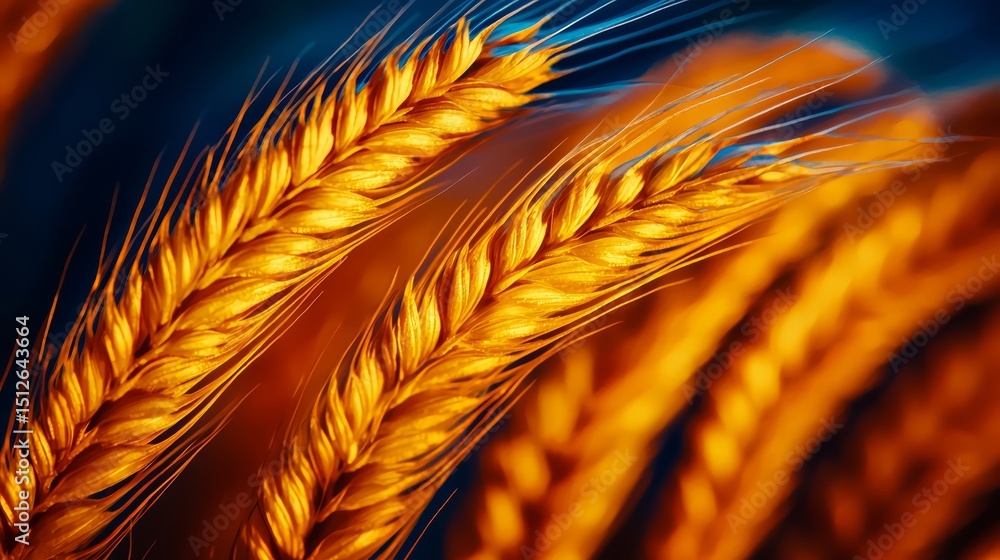 Poster Close up of a bunch of golden wheat with a blue background. The wheat is arranged in a way that it looks like it is growing out of the blue background. Scene is warm and inviting