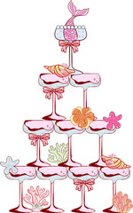 Retro Champagne Tower on Beach, Coquette Summer Party, Tropical Cocktails, Sparkling Wine, Seaside Celebration, Vintage Alcohol Drinks, Coastal Vibes, Ocean Holiday Vector Illustration