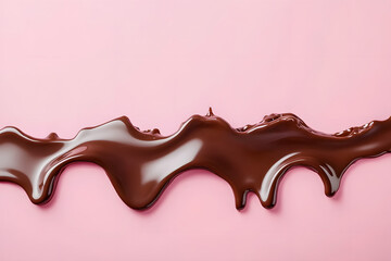Dripping melted chocolate waves with milk on pink background with copy space. Abstract splash and drips of liquid hot choco cream. Autumn hot warming drink. Food illustration for cafe banner, card, ad