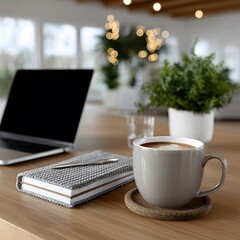 Cozy workspace with laptop, notebook, coffee