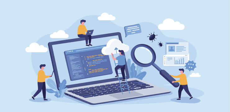 Software development, coding team, programming frontend backend framework, debugging algorithm, testing or deployment concept, young people software engineer working with online cloud