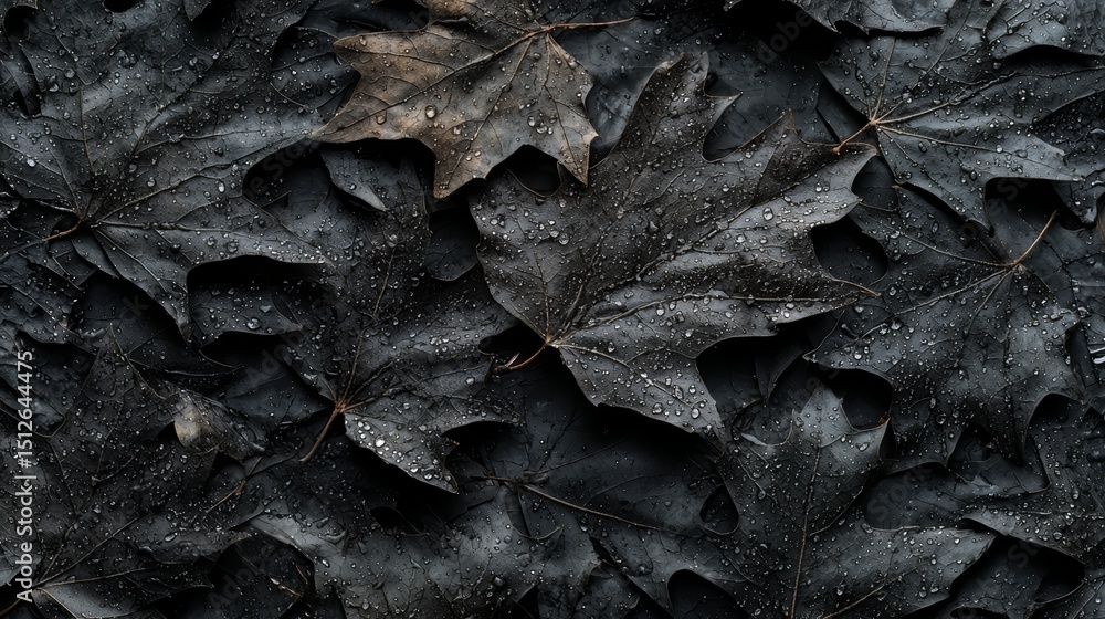 Fototapete close up of black leaves with raindrops on them. the leaves are arranged in a way that creates a sen