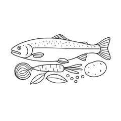 Set of ingredients for fish soup including fish, potato, carrot, and herbs in a linear style