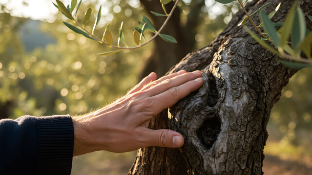 Male hand touching textured bark of old olive tree, side view. Connection to nature and Italian agriculture. Mediterranean landscape, olive oil concept.