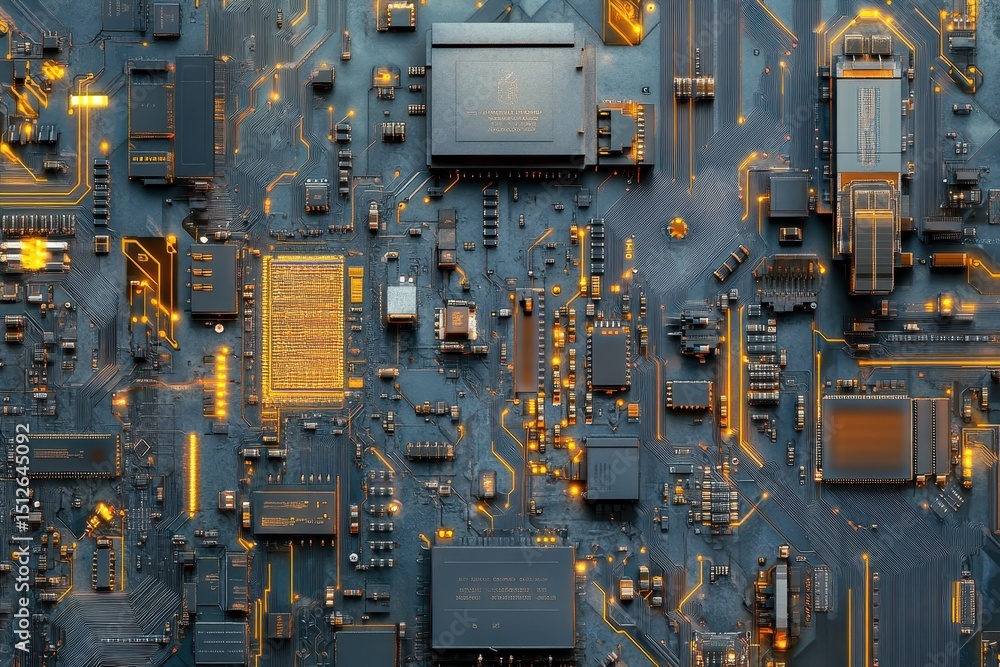 Poster intricate design of a central processing unit circuit board showcasing detailed gold connections and