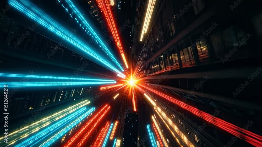 Poster futuristic city with light trails converging to a central point, creating a dynamic and high-tech vi